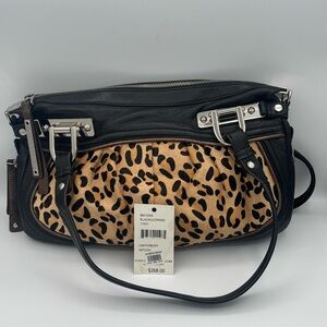 b. makowsky Cantebury Leather Satchel Shoulder Bag with Leopard Print Calf Hair
